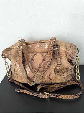 Michael Kors Brown Snake-Embossed Leather Shoulder Bag Hobo with Crossbody Strap